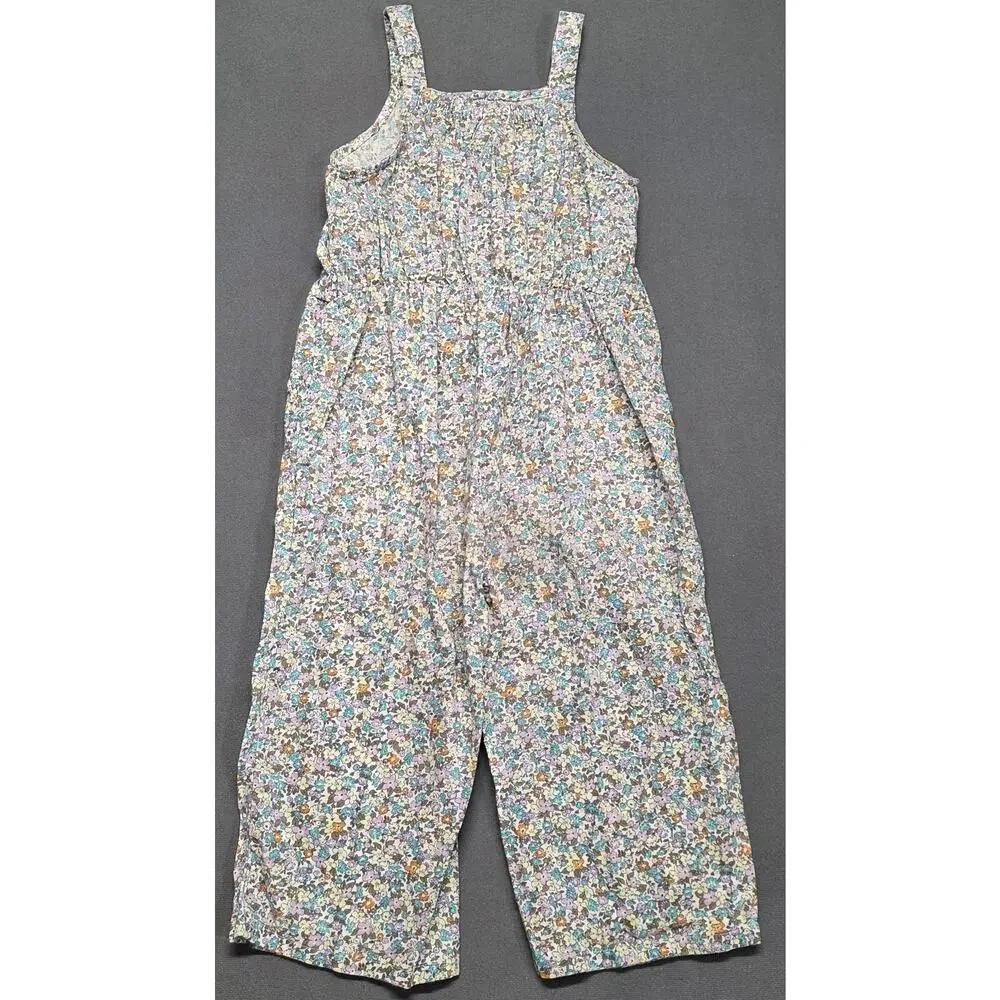 OshKosh Girls 4T Floral Jumpsuit Romper Linen Cottagecore Elastic Waist/Neck